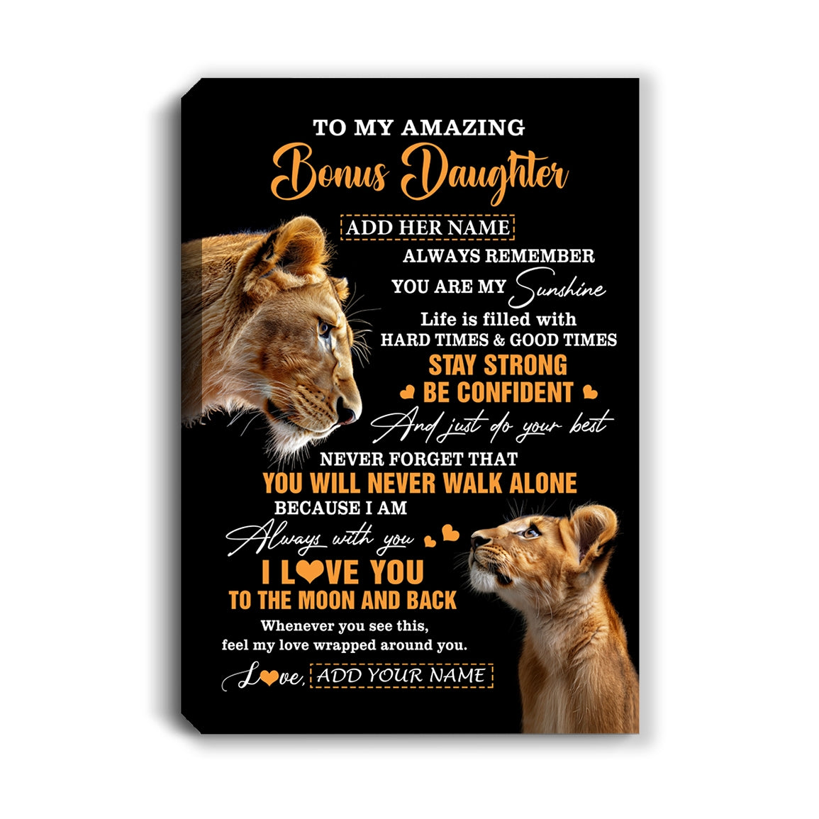 Personalized To My Amazing Bonus Daughter Canvas From Bonus Mom Stepmom Lion It A Big Hug Stepdaughter Birthday Gifts Christmas Custom Wall Art Framed Canvas | siriusteestore