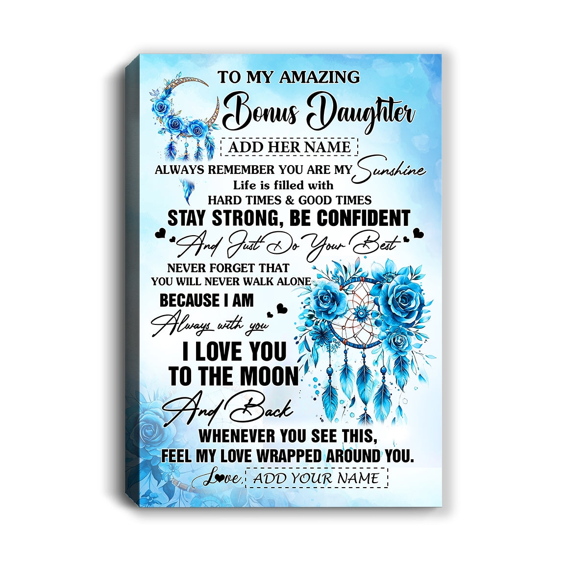 Personalized To My Amazing Bonus Daughter Canvas From Stepmom Stepdad Dream Catcher It A Big Hug Stepdaughter Birthday Gifts Christmas Custom Wall Art Framed Canvas | siriusteestore