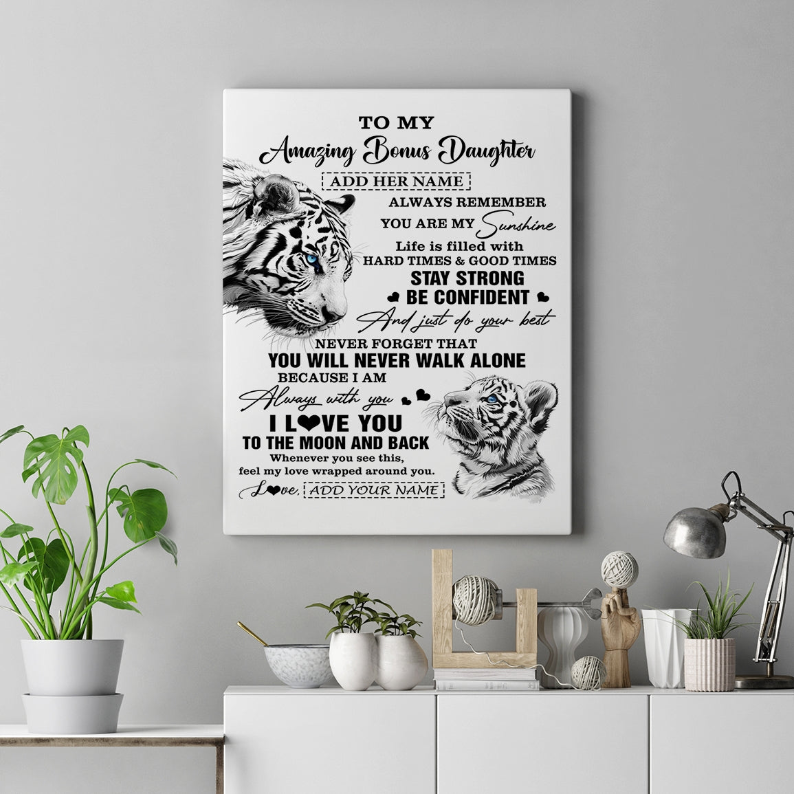 Personalized To My Amazing Bonus Daughter Gifts Canvas From Stepmom Stepdad White Tiger It A Big Hug Stepdaughter Birthday Gifts Christmas Custom Wall Art Framed Canvas | siriusteestore