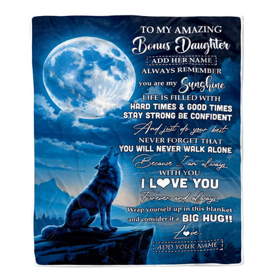 Personalized To My Amazing Bonus Daughter Gifts From Step Mom Blanket Wolf My Sunshine Gifts For Stepdaughter Birthday Graduation Christmas Fleece Blanket | siriusteestore