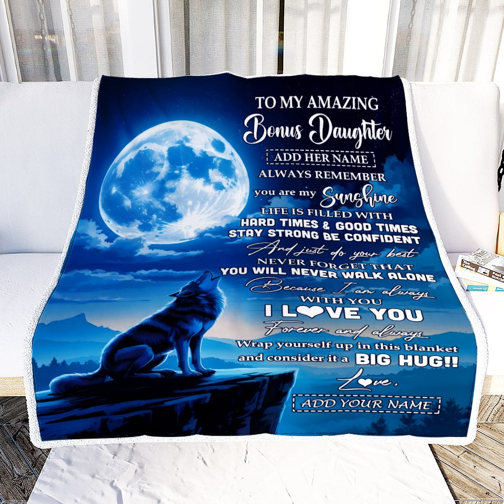 Personalized To My Amazing Bonus Daughter Gifts From Step Mom Blanket Wolf My Sunshine Gifts For Stepdaughter Birthday Graduation Christmas Fleece Blanket | siriusteestore