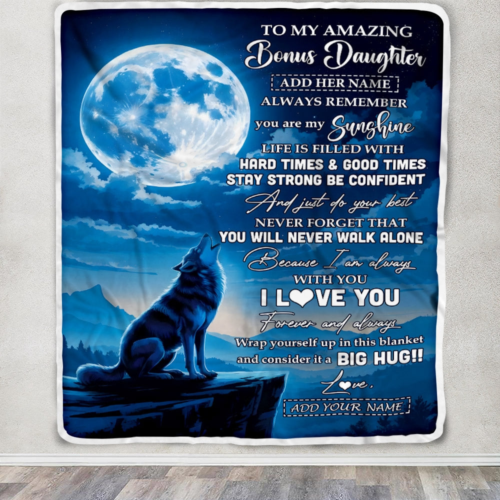 Personalized To My Amazing Bonus Daughter Gifts From Step Mom Blanket Wolf My Sunshine Gifts For Stepdaughter Birthday Graduation Christmas Fleece Blanket | siriusteestore