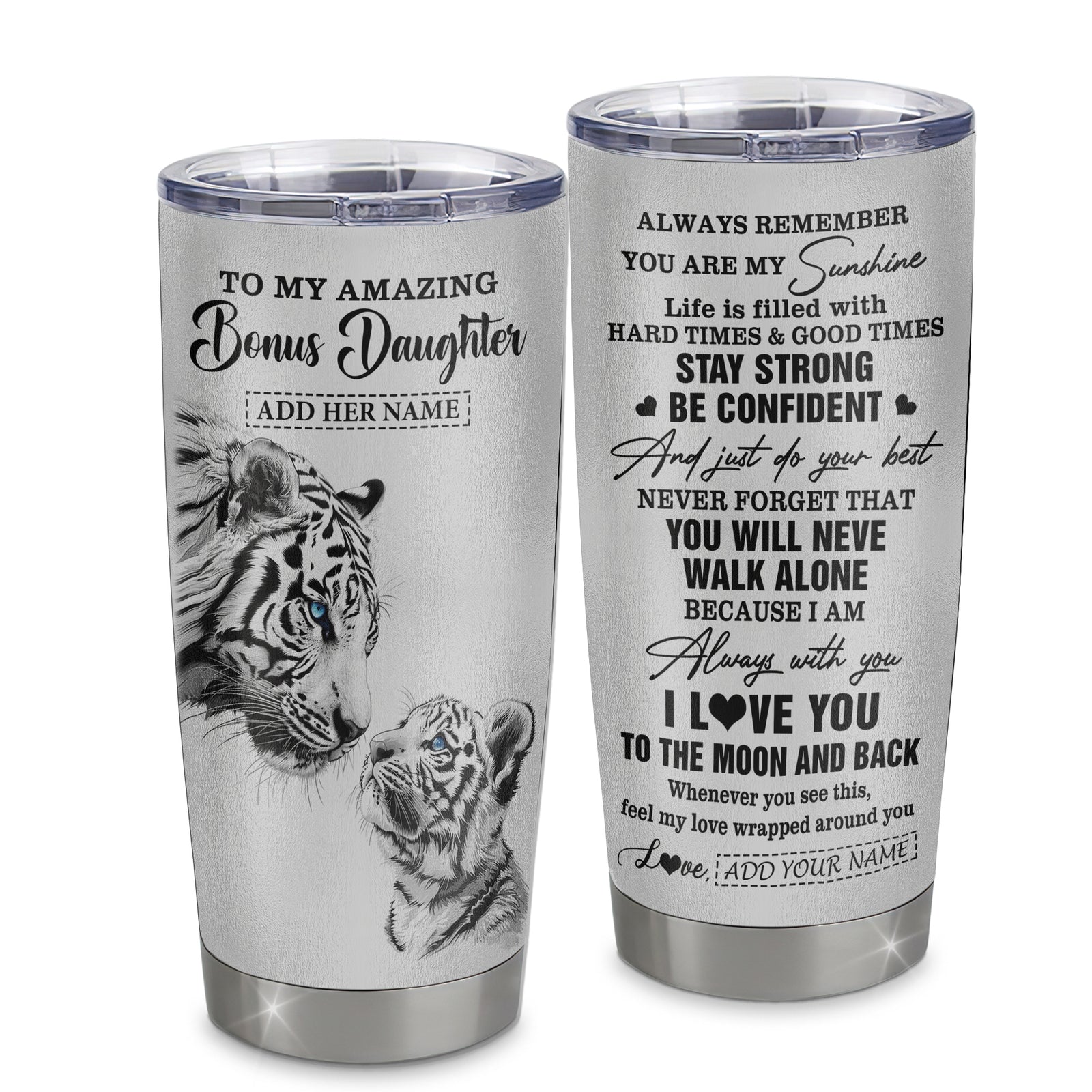 Personalized To My Amazing Bonus Daughter Gifts Tumbler From Stepmom Stepdad White Tiger It A Big Hug Stepdaughter Birthday Gifts Christmas Custom Stainless Steel Mug | siriusteestore