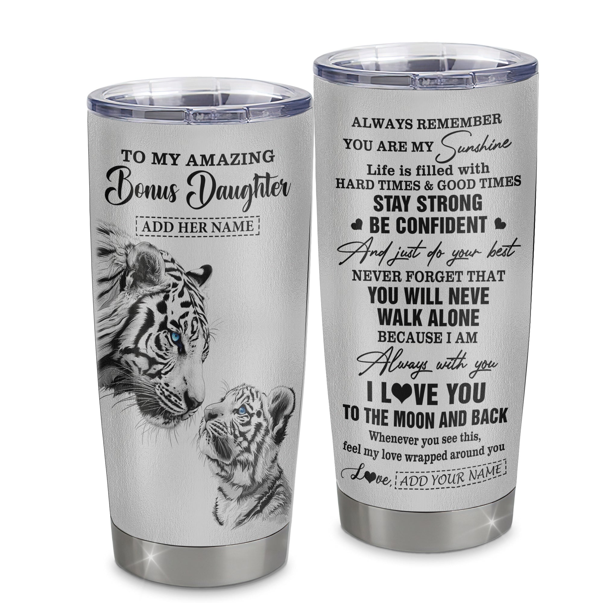 Personalized To My Amazing Bonus Daughter Gifts Tumbler From Stepmom Stepdad White Tiger It A Big Hug Stepdaughter Birthday Gifts Christmas Custom Stainless Steel Mug | siriusteestore