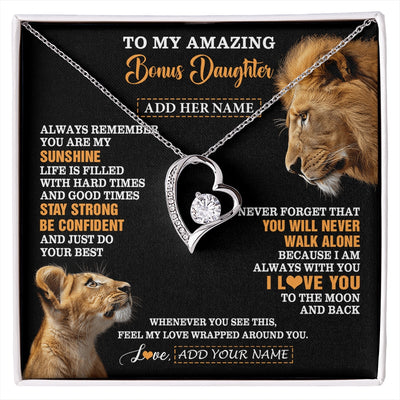 Forever Love Necklace 14K White Gold Finish | 1 | Personalized To My Amazing Bonus Daughter Necklace From Bonus Dad Stepdad Lion It A Big Hug Stepdaughter Birthday Gifts Christmas Custom Gift Box Message Card | https://siriusteestore.