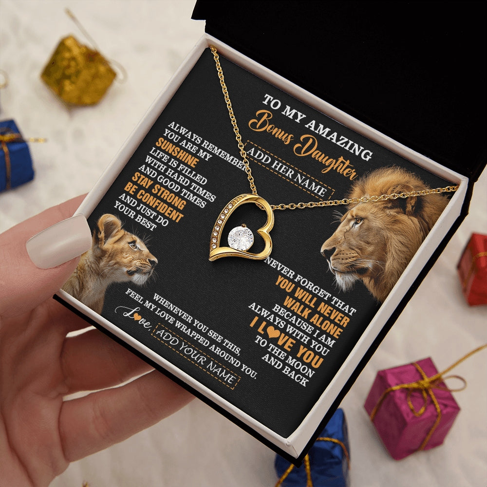 Forever Love Necklace 18K Yellow Gold Finish | 2 | Personalized To My Amazing Bonus Daughter Necklace From Bonus Dad Stepdad Lion It A Big Hug Stepdaughter Birthday Gifts Christmas Custom Gift Box Message Card | https://siriusteestore.