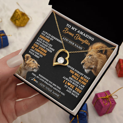 Forever Love Necklace 18K Yellow Gold Finish | 2 | Personalized To My Amazing Bonus Daughter Necklace From Bonus Dad Stepdad Lion It A Big Hug Stepdaughter Birthday Gifts Christmas Custom Gift Box Message Card | https://siriusteestore.