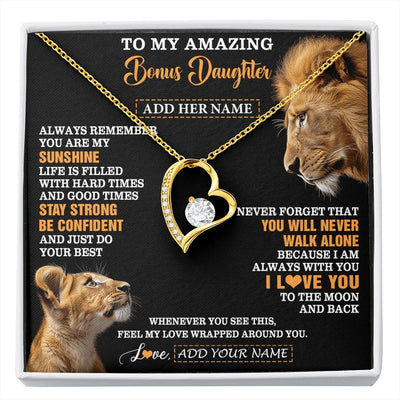 Forever Love Necklace 18K Yellow Gold Finish | 1 | Personalized To My Amazing Bonus Daughter Necklace From Bonus Dad Stepdad Lion It A Big Hug Stepdaughter Birthday Gifts Christmas Custom Gift Box Message Card | https://siriusteestore.