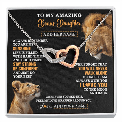 Interlocking Hearts Necklace Stainless Steel & Rose Gold Finish | 1 | Personalized To My Amazing Bonus Daughter Necklace From Bonus Dad Stepdad Lion It A Big Hug Stepdaughter Birthday Gifts Christmas Custom Gift Box Message Card | https://siriusteestore.