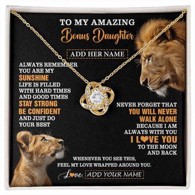 Love Knot Necklace 18K Yellow Gold Finish | 1 | Personalized To My Amazing Bonus Daughter Necklace From Bonus Dad Stepdad Lion It A Big Hug Stepdaughter Birthday Gifts Christmas Custom Gift Box Message Card | https://siriusteestore.