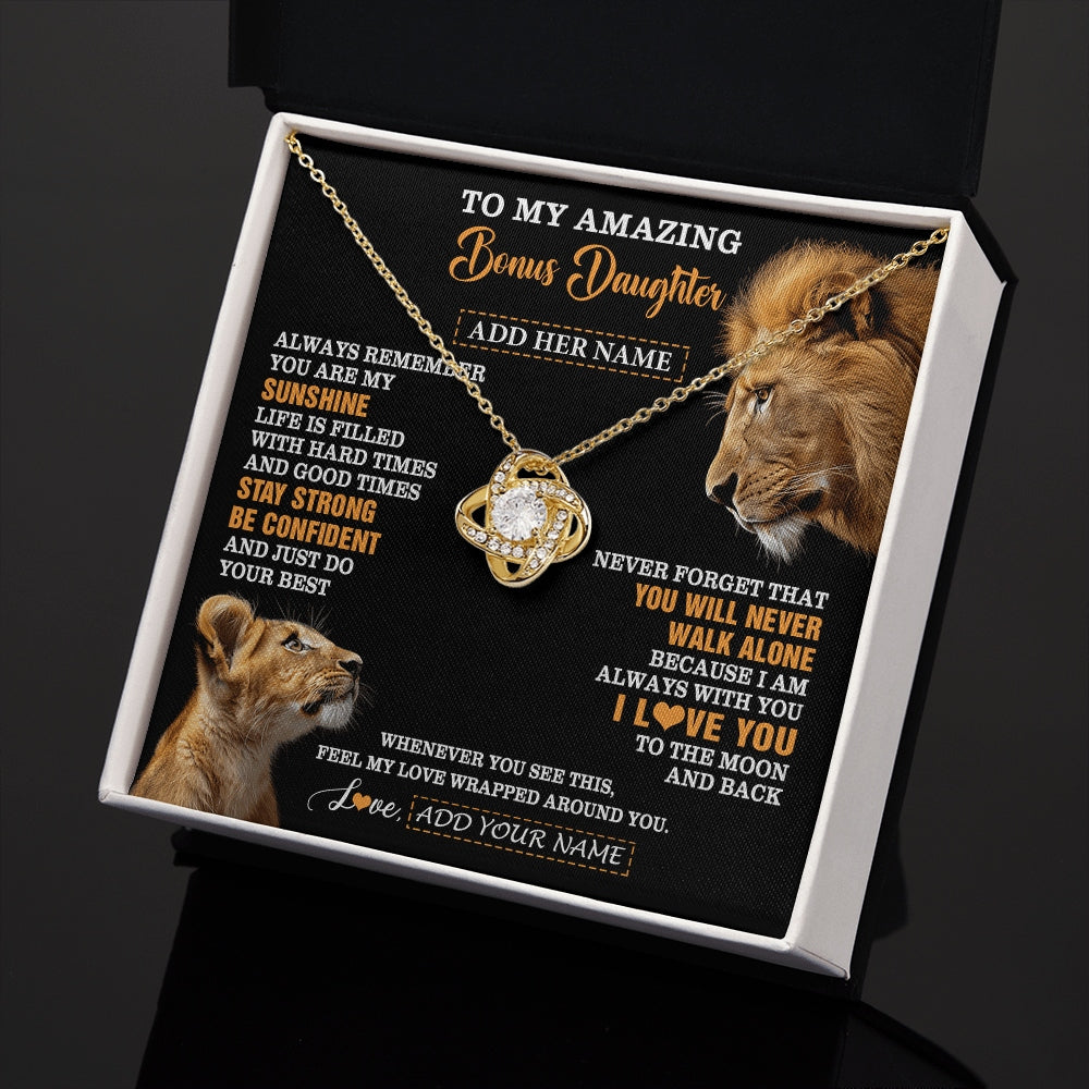 Love Knot Necklace 18K Yellow Gold Finish | 2 | Personalized To My Amazing Bonus Daughter Necklace From Bonus Dad Stepdad Lion It A Big Hug Stepdaughter Birthday Gifts Christmas Custom Gift Box Message Card | https://siriusteestore.