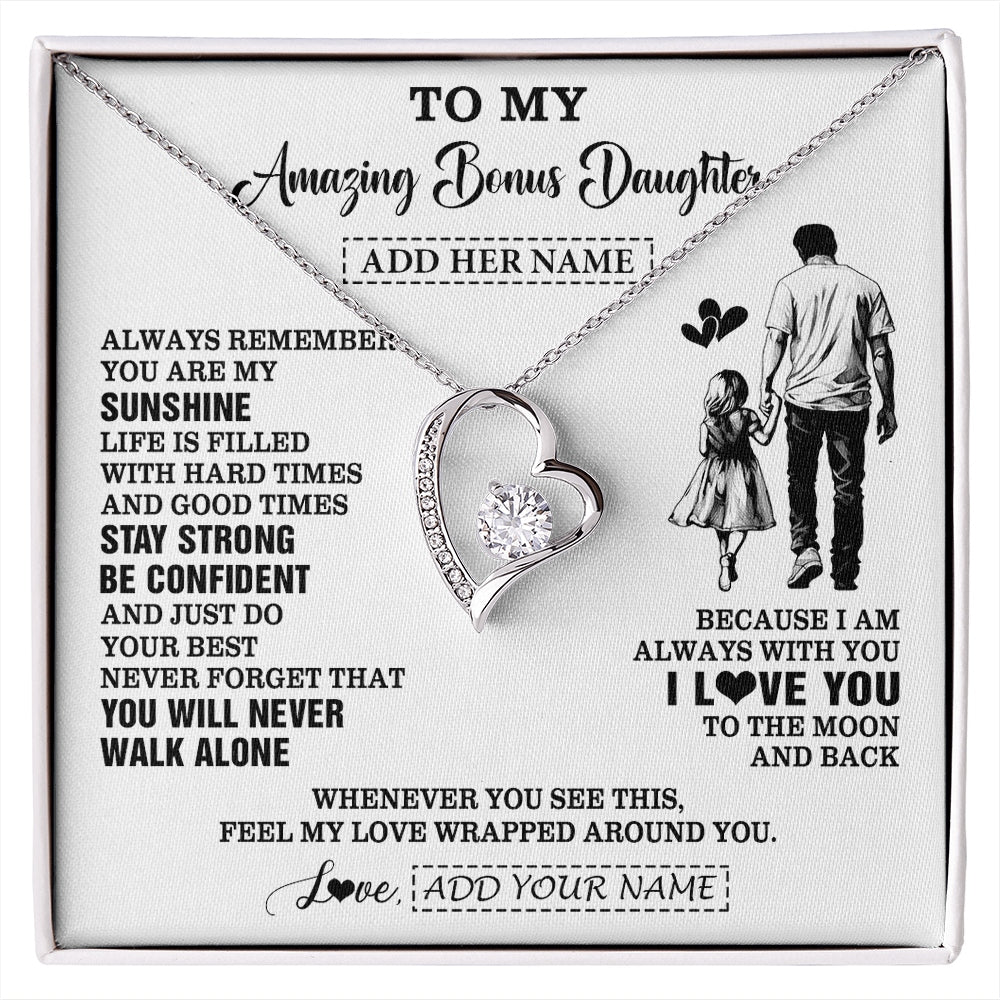 Forever Love Necklace 14K White Gold Finish | 1 | Personalized To My Amazing Bonus Daughter Necklace From Bonus Dad Stepdad Man It A Big Hug Stepdaughter Birthday Gifts Christmas Custom Gift Box Message Card | https://siriusteestore.