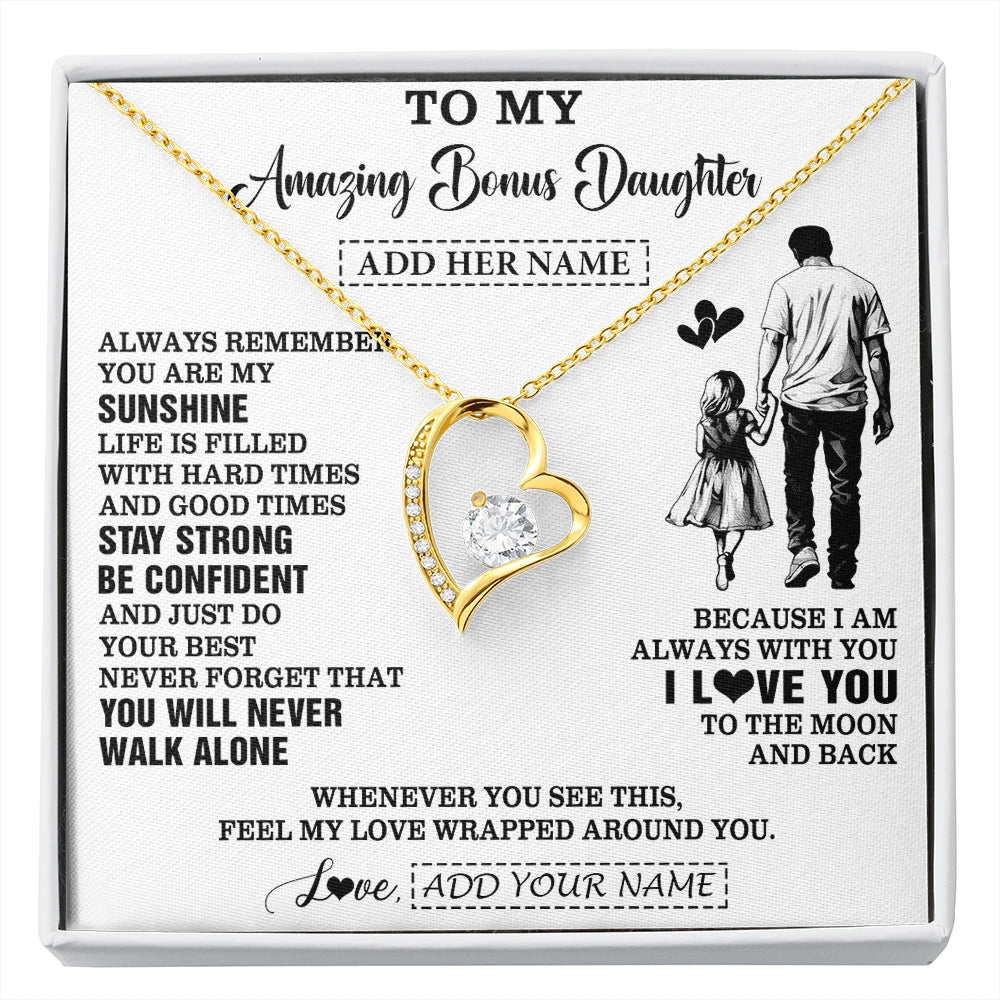 Forever Love Necklace 18K Yellow Gold Finish | 1 | Personalized To My Amazing Bonus Daughter Necklace From Bonus Dad Stepdad Man It A Big Hug Stepdaughter Birthday Gifts Christmas Custom Gift Box Message Card | https://siriusteestore.