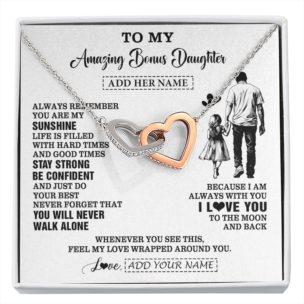 Interlocking Hearts Necklace Stainless Steel & Rose Gold Finish | 1 | Personalized To My Amazing Bonus Daughter Necklace From Bonus Dad Stepdad Man It A Big Hug Stepdaughter Birthday Gifts Christmas Custom Gift Box Message Card | https://siriusteestore.