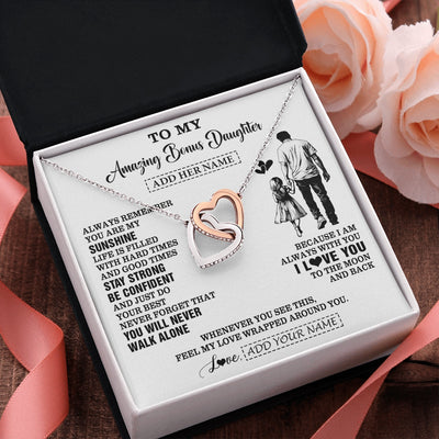 Interlocking Hearts Necklace Stainless Steel & Rose Gold Finish | 2 | Personalized To My Amazing Bonus Daughter Necklace From Bonus Dad Stepdad Man It A Big Hug Stepdaughter Birthday Gifts Christmas Custom Gift Box Message Card | https://siriusteestore.