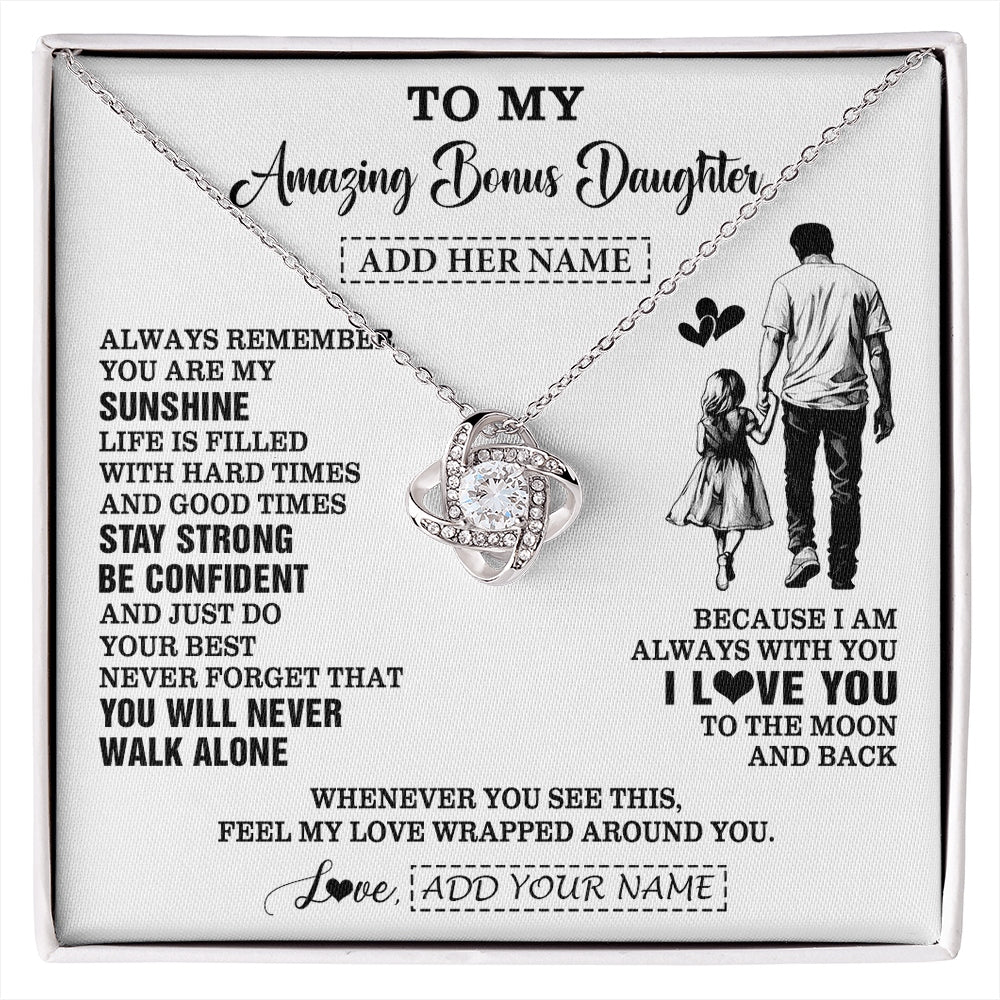 Love Knot Necklace 14K White Gold Finish | 1 | Personalized To My Amazing Bonus Daughter Necklace From Bonus Dad Stepdad Man It A Big Hug Stepdaughter Birthday Gifts Christmas Custom Gift Box Message Card | https://siriusteestore.