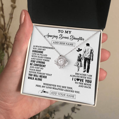 Love Knot Necklace 14K White Gold Finish | 2 | Personalized To My Amazing Bonus Daughter Necklace From Bonus Dad Stepdad Man It A Big Hug Stepdaughter Birthday Gifts Christmas Custom Gift Box Message Card | https://siriusteestore.