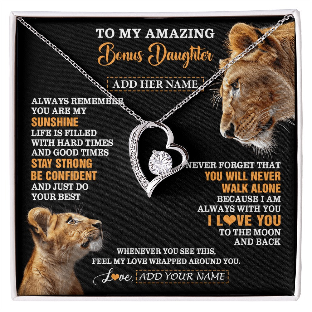 Forever Love Necklace 14K White Gold Finish | 1 | Personalized To My Amazing Bonus Daughter Necklace From Bonus Mom Stepmom Lion It A Big Hug Stepdaughter Birthday Gifts Christmas Custom Gift Box Message Card | https://siriusteestore.