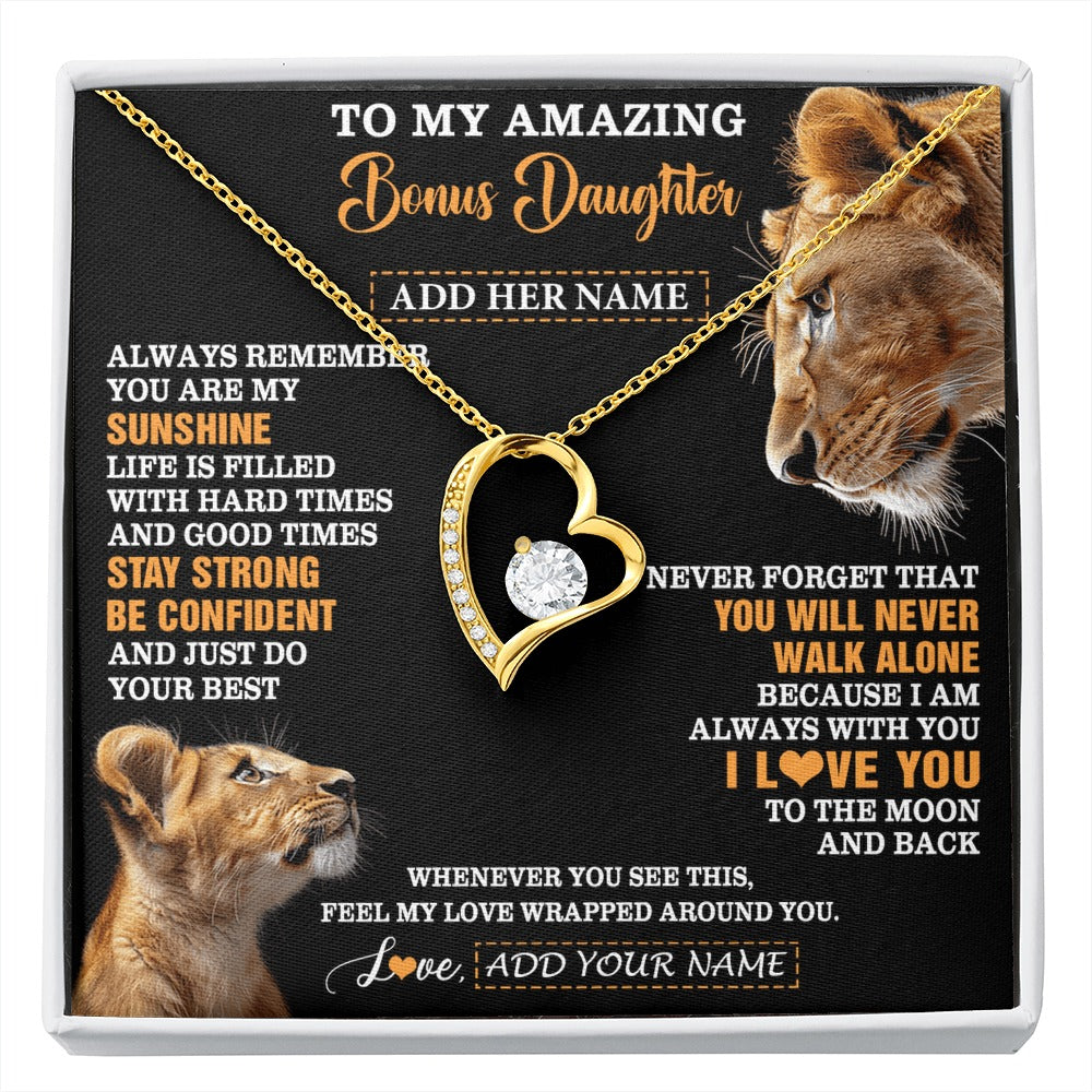 Forever Love Necklace 18K Yellow Gold Finish | 1 | Personalized To My Amazing Bonus Daughter Necklace From Bonus Mom Stepmom Lion It A Big Hug Stepdaughter Birthday Gifts Christmas Custom Gift Box Message Card | https://siriusteestore.