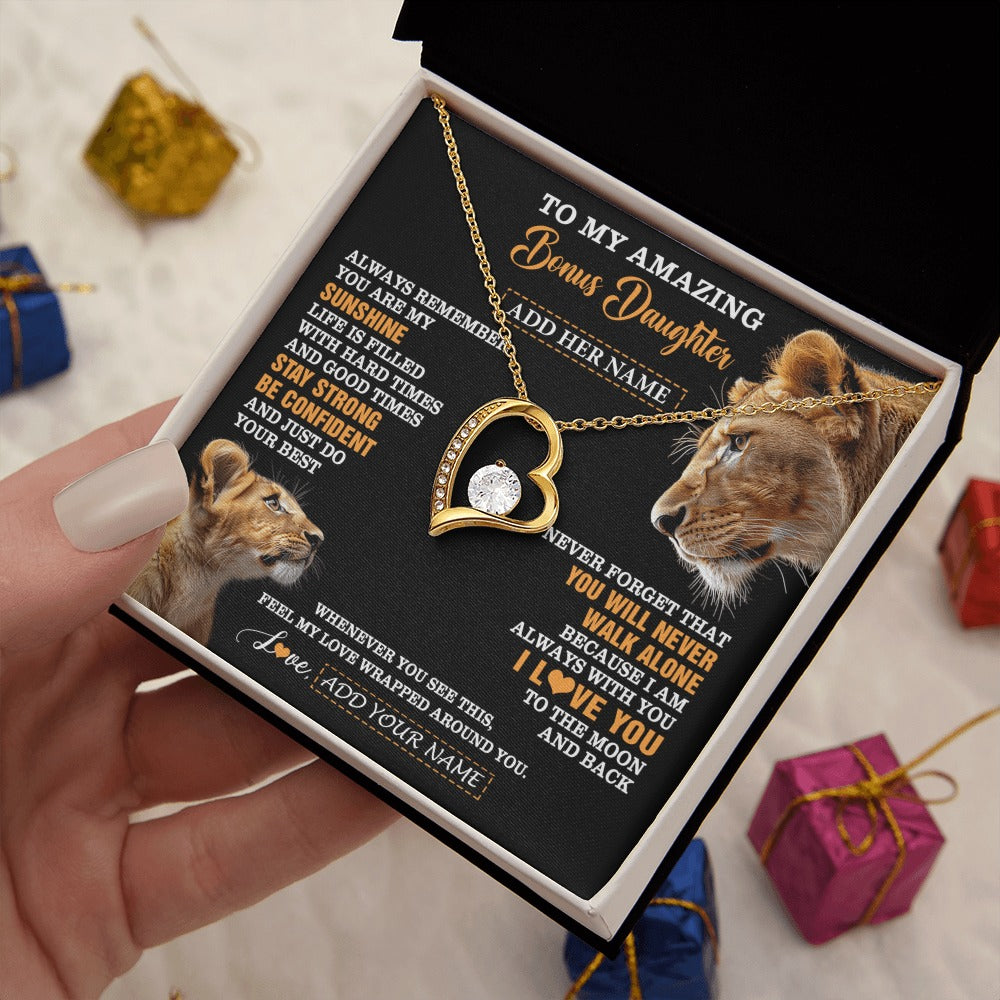 Forever Love Necklace 18K Yellow Gold Finish | 2 | Personalized To My Amazing Bonus Daughter Necklace From Bonus Mom Stepmom Lion It A Big Hug Stepdaughter Birthday Gifts Christmas Custom Gift Box Message Card | https://siriusteestore.