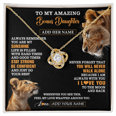 Love Knot Necklace 18K Yellow Gold Finish | 1 | Personalized To My Amazing Bonus Daughter Necklace From Bonus Mom Stepmom Lion It A Big Hug Stepdaughter Birthday Gifts Christmas Custom Gift Box Message Card | https://siriusteestore.
