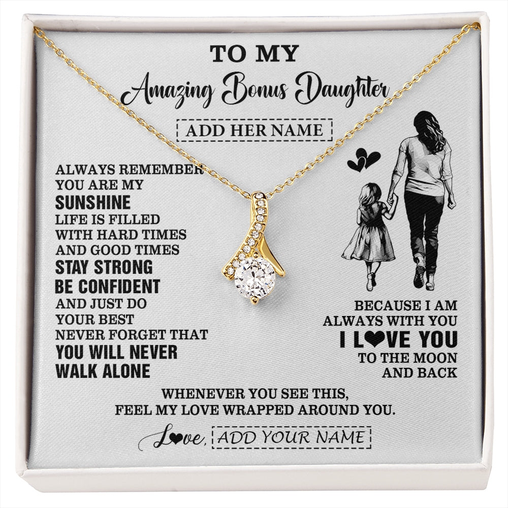 Alluring Beauty Necklace 18K Yellow Gold Finish | 1 | Personalized To My Amazing Bonus Daughter Necklace From Bonus Mom Stepmom Woman It A Big Hug Stepdaughter Birthday Gifts Christmas Custom Gift Box Message Card | https://siriusteestore.