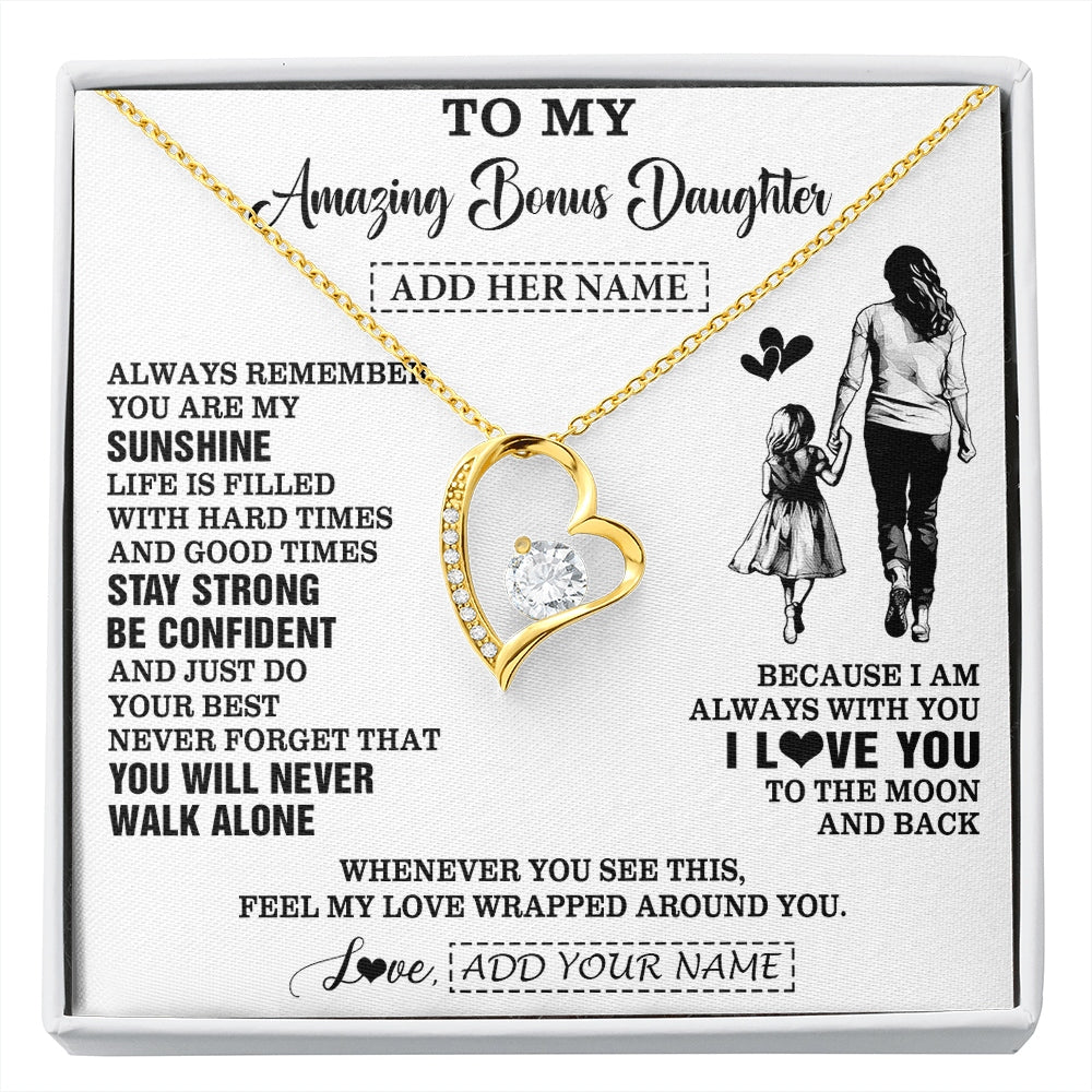 Forever Love Necklace 18K Yellow Gold Finish | 1 | Personalized To My Amazing Bonus Daughter Necklace From Bonus Mom Stepmom Woman It A Big Hug Stepdaughter Birthday Gifts Christmas Custom Gift Box Message Card | https://siriusteestore.