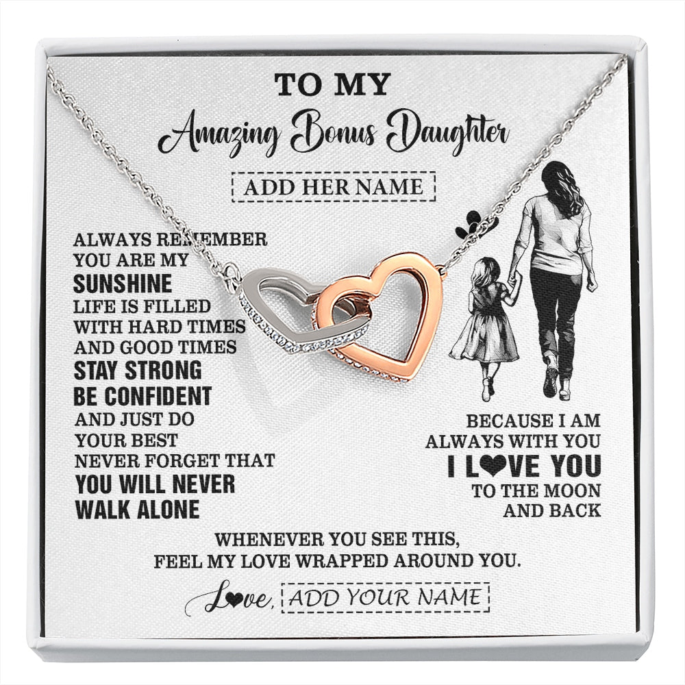 Interlocking Hearts Necklace Stainless Steel & Rose Gold Finish | 1 | Personalized To My Amazing Bonus Daughter Necklace From Bonus Mom Stepmom Woman It A Big Hug Stepdaughter Birthday Gifts Christmas Custom Gift Box Message Card | https://siriusteestore.