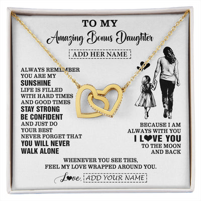 Interlocking Hearts Necklace 18K Yellow Gold Finish | 1 | Personalized To My Amazing Bonus Daughter Necklace From Bonus Mom Stepmom Woman It A Big Hug Stepdaughter Birthday Gifts Christmas Custom Gift Box Message Card | https://siriusteestore.