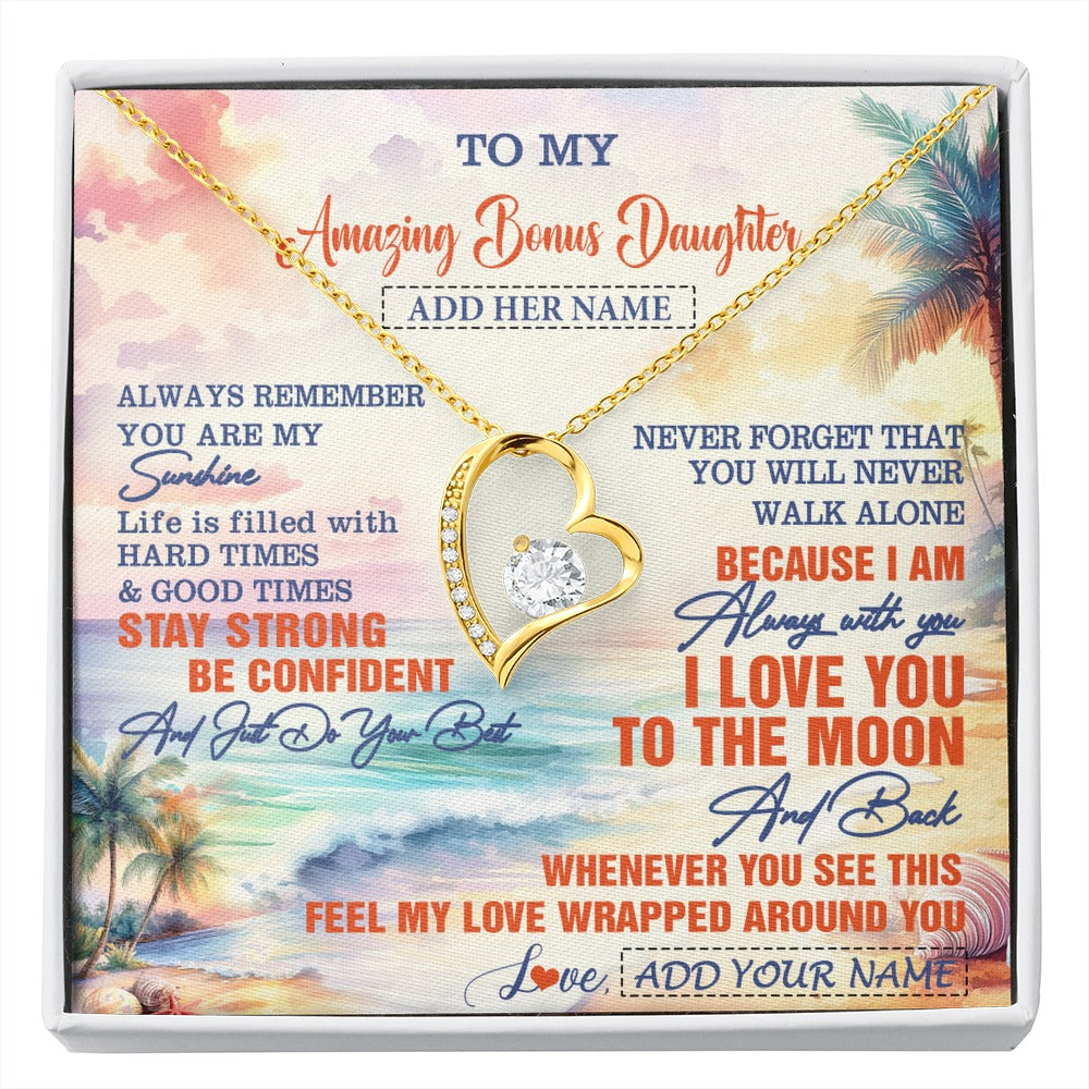 Forever Love Necklace 18K Yellow Gold Finish | 1 | Personalized To My Amazing Bonus Daughter Necklace From Stepmom Stepdad Beach It A Big Hug Stepdaughter Birthday Gifts Christmas Custom Gift Box Message Card Shirt & Hoodie | https://siriusteestore.