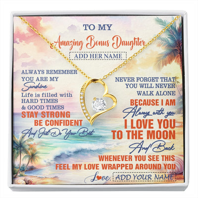 Forever Love Necklace 18K Yellow Gold Finish | 1 | Personalized To My Amazing Bonus Daughter Necklace From Stepmom Stepdad Beach It A Big Hug Stepdaughter Birthday Gifts Christmas Custom Gift Box Message Card Shirt & Hoodie | https://siriusteestore.