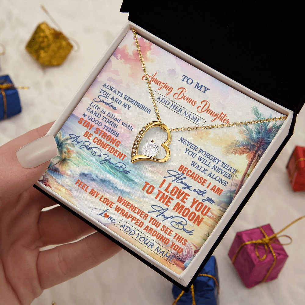 Forever Love Necklace 18K Yellow Gold Finish | 2 | Personalized To My Amazing Bonus Daughter Necklace From Stepmom Stepdad Beach It A Big Hug Stepdaughter Birthday Gifts Christmas Custom Gift Box Message Card Shirt & Hoodie | https://siriusteestore.