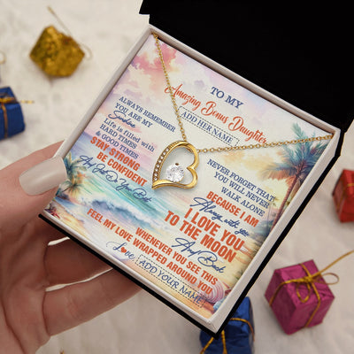 Forever Love Necklace 18K Yellow Gold Finish | 2 | Personalized To My Amazing Bonus Daughter Necklace From Stepmom Stepdad Beach It A Big Hug Stepdaughter Birthday Gifts Christmas Custom Gift Box Message Card Shirt & Hoodie | https://siriusteestore.