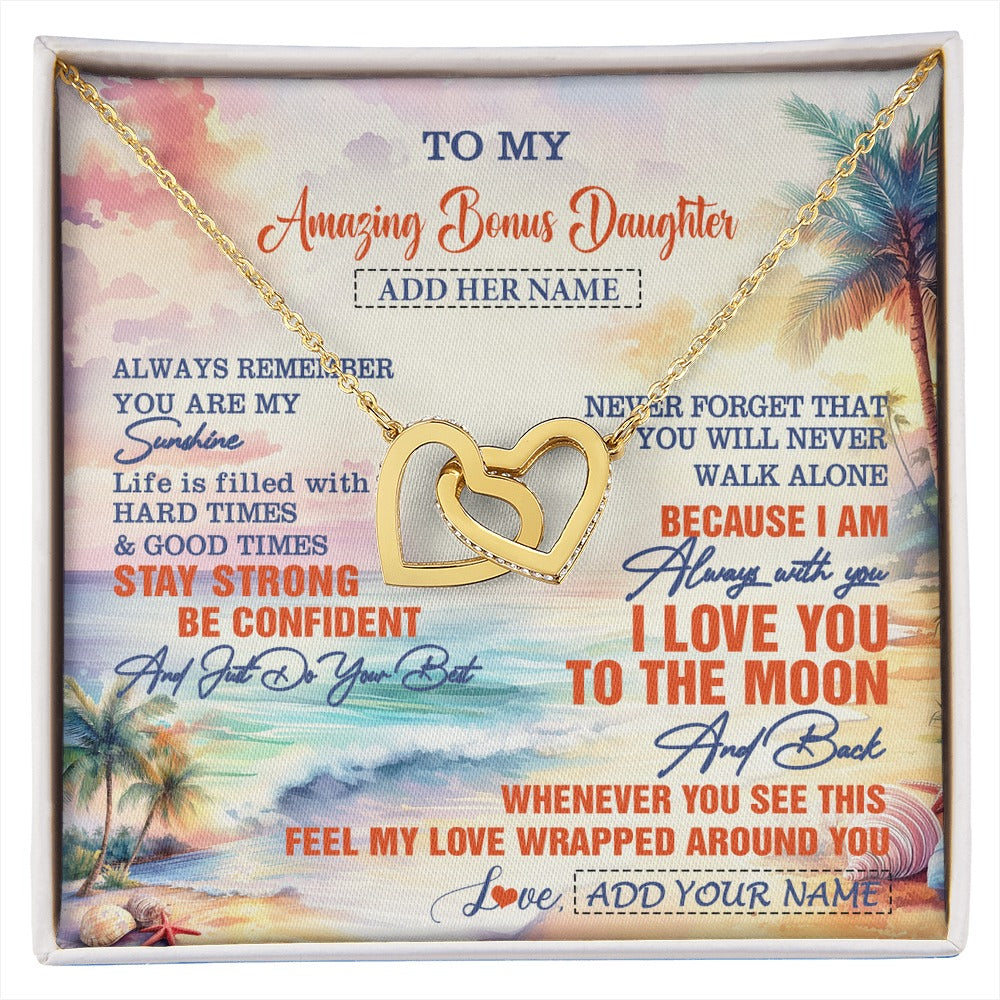 Interlocking Hearts Necklace 18K Yellow Gold Finish | 1 | Personalized To My Amazing Bonus Daughter Necklace From Stepmom Stepdad Beach It A Big Hug Stepdaughter Birthday Gifts Christmas Custom Gift Box Message Card Shirt & Hoodie | https://siriusteestore.
