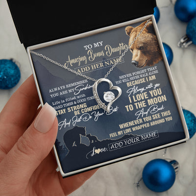 Forever Love Necklace 14K White Gold Finish | 2 | Personalized To My Amazing Bonus Daughter Necklace From Stepmom Stepdad Bear It A Big Hug Stepdaughter Birthday Gifts Christmas Custom Gift Box Message Card | https://siriusteestore.