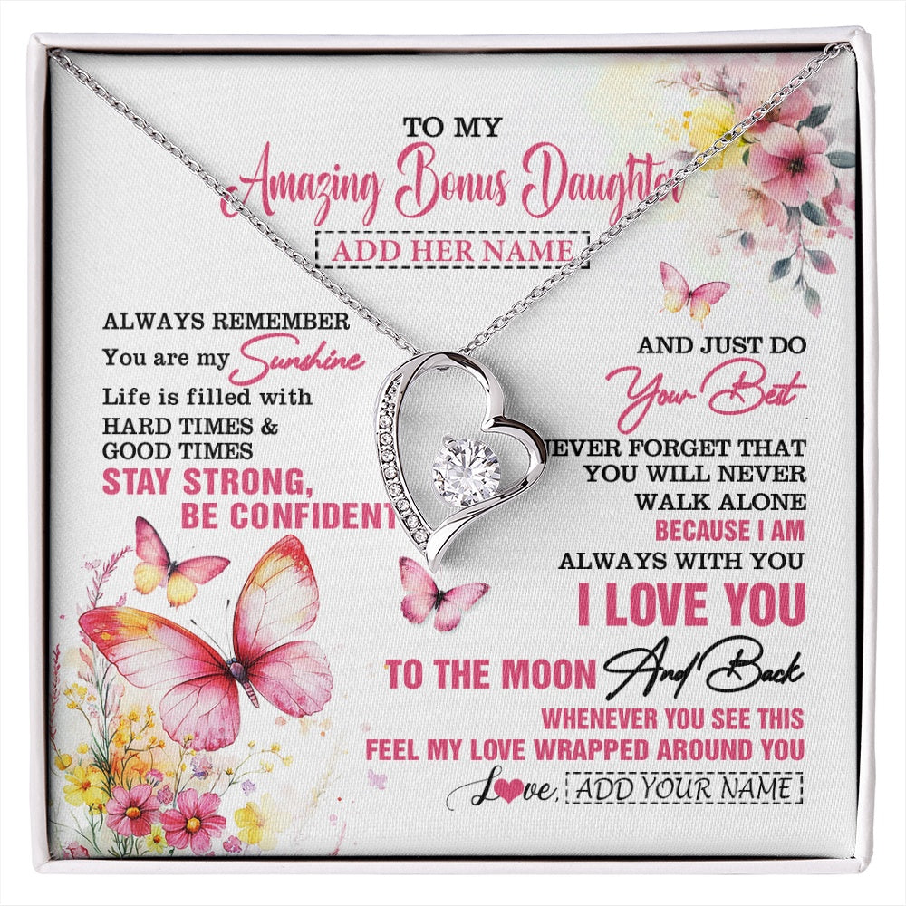 Forever Love Necklace 14K White Gold Finish | 1 | Personalized To My Amazing Bonus Daughter Necklace From Stepmom Stepdad Butterfly It A Big Hug Stepdaughter Birthday Gifts Christmas Gift Box Message Card | https://siriusteestore.