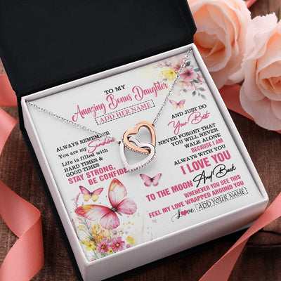 Interlocking Hearts Necklace Stainless Steel & Rose Gold Finish | 2 | Personalized To My Amazing Bonus Daughter Necklace From Stepmom Stepdad Butterfly It A Big Hug Stepdaughter Birthday Gifts Christmas Gift Box Message Card | https://siriusteestore.