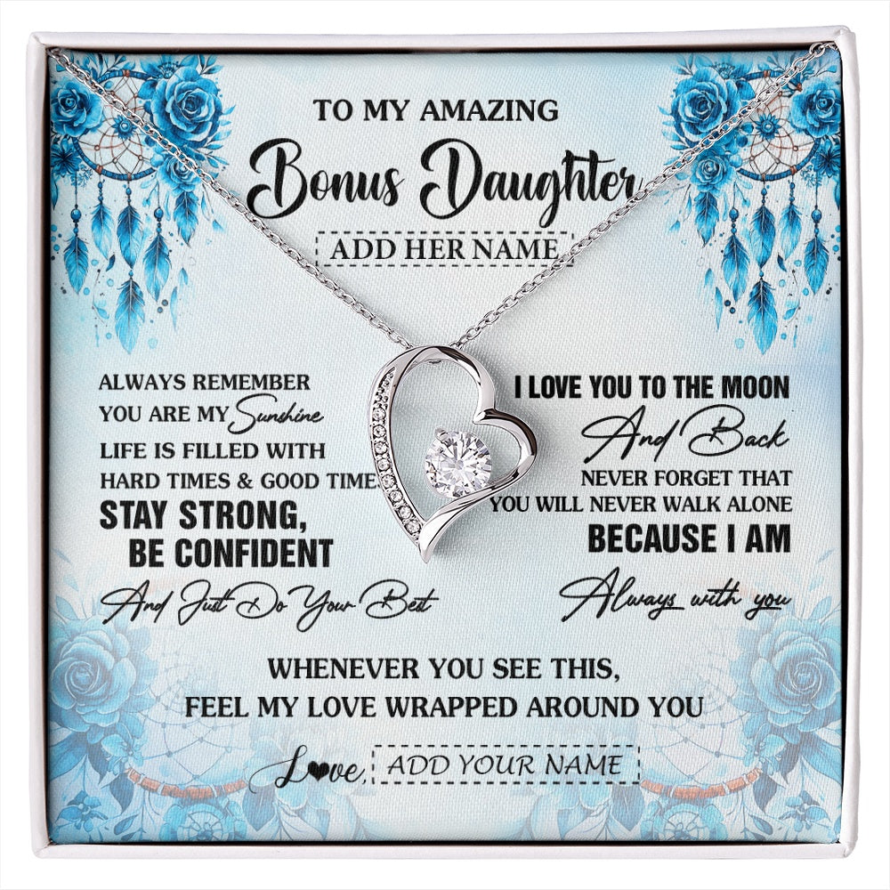 Forever Love Necklace 14K White Gold Finish | 1 | Personalized To My Amazing Bonus Daughter Necklace From Stepmom Stepdad Dream Catcher It A Big Hug Stepdaughter Birthday Gifts Christmas Gift Box Message Card | https://siriusteestore.
