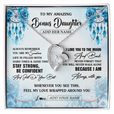 Forever Love Necklace 14K White Gold Finish | 1 | Personalized To My Amazing Bonus Daughter Necklace From Stepmom Stepdad Dream Catcher It A Big Hug Stepdaughter Birthday Gifts Christmas Gift Box Message Card | https://siriusteestore.