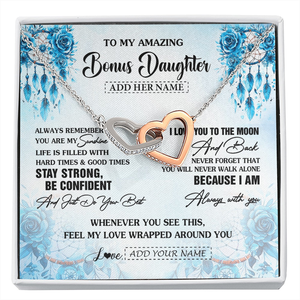 Interlocking Hearts Necklace Stainless Steel & Rose Gold Finish | 1 | Personalized To My Amazing Bonus Daughter Necklace From Stepmom Stepdad Dream Catcher It A Big Hug Stepdaughter Birthday Gifts Christmas Gift Box Message Card | https://siriusteestore.
