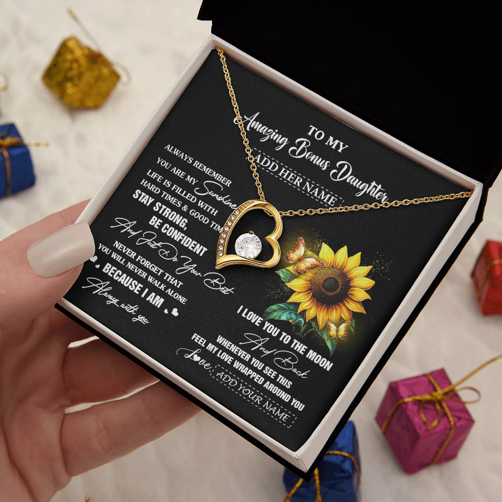Forever Love Necklace 18K Yellow Gold Finish | 2 | Personalized To My Amazing Bonus Daughter Necklace From Stepmom Stepdad Sunflower It A Big Hug Stepdaughter Birthday Gifts Christmas Gift Box Message Card | https://siriusteestore.