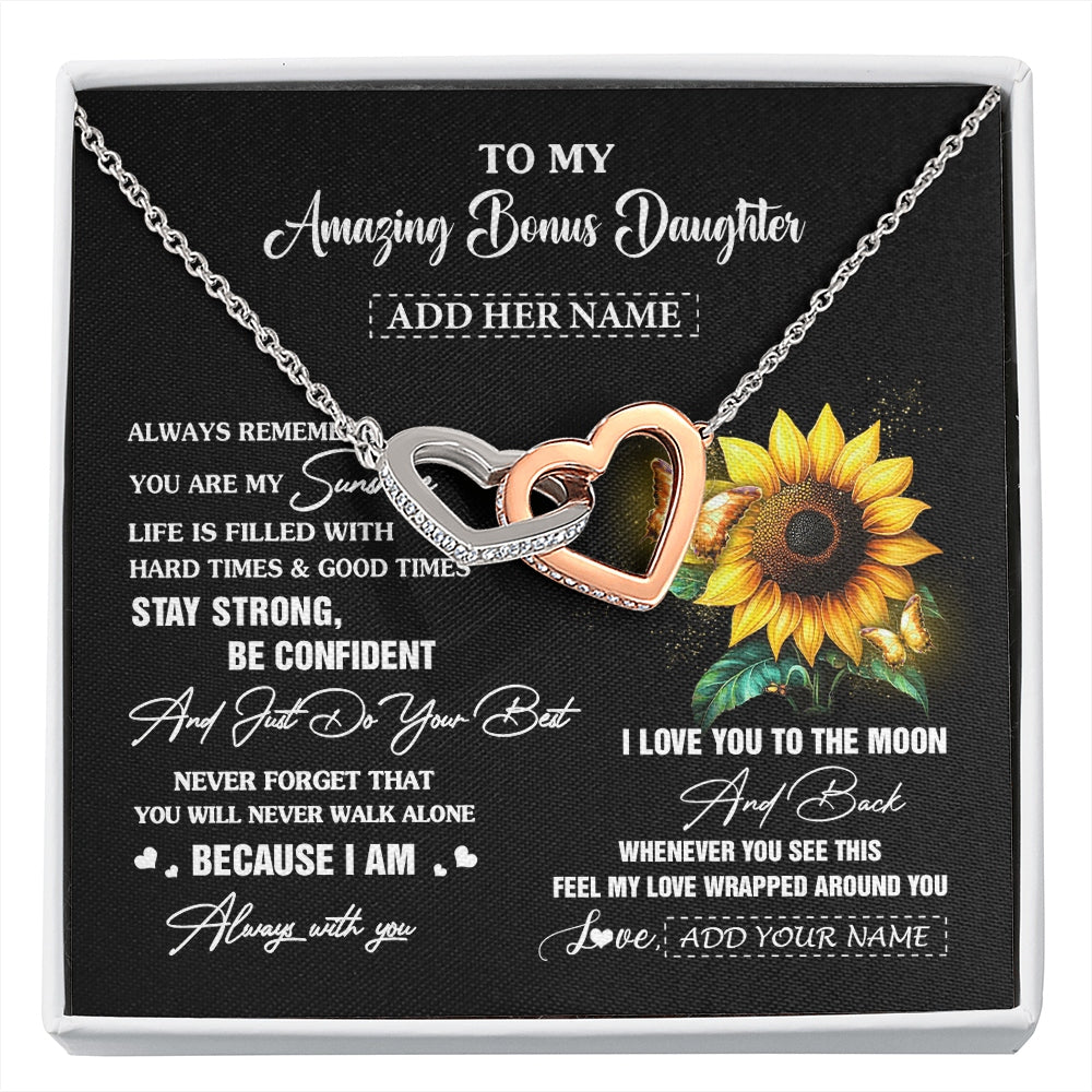 Interlocking Hearts Necklace Stainless Steel & Rose Gold Finish | 1 | Personalized To My Amazing Bonus Daughter Necklace From Stepmom Stepdad Sunflower It A Big Hug Stepdaughter Birthday Gifts Christmas Gift Box Message Card | https://siriusteestore.