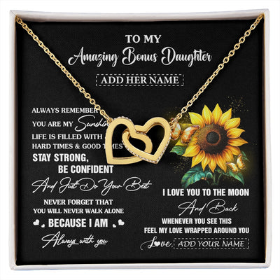Interlocking Hearts Necklace 18K Yellow Gold Finish | 1 | Personalized To My Amazing Bonus Daughter Necklace From Stepmom Stepdad Sunflower It A Big Hug Stepdaughter Birthday Gifts Christmas Gift Box Message Card | https://siriusteestore.