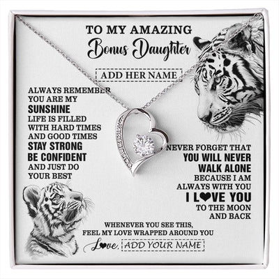 Forever Love Necklace 14K White Gold Finish | 1 | Personalized To My Amazing Bonus Daughter Necklace From Stepmom Stepdad White Tiger It A Big Hug Stepdaughter Birthday Gifts Christmas Gift Box Message Card | https://siriusteestore.