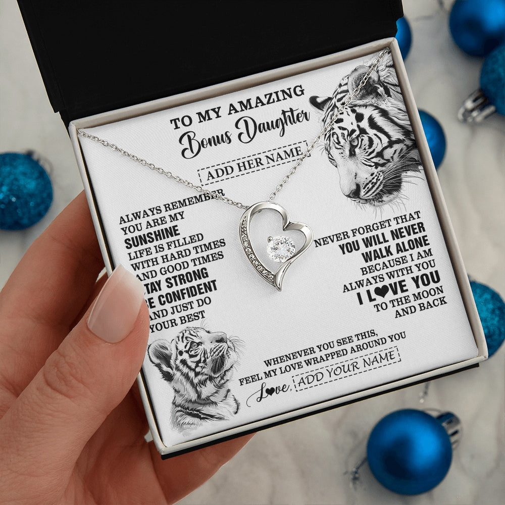 Forever Love Necklace 14K White Gold Finish | 2 | Personalized To My Amazing Bonus Daughter Necklace From Stepmom Stepdad White Tiger It A Big Hug Stepdaughter Birthday Gifts Christmas Gift Box Message Card | https://siriusteestore.