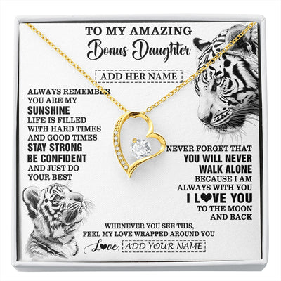 Forever Love Necklace 18K Yellow Gold Finish | 1 | Personalized To My Amazing Bonus Daughter Necklace From Stepmom Stepdad White Tiger It A Big Hug Stepdaughter Birthday Gifts Christmas Gift Box Message Card | https://siriusteestore.