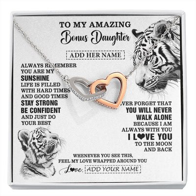 Interlocking Hearts Necklace Stainless Steel & Rose Gold Finish | 1 | Personalized To My Amazing Bonus Daughter Necklace From Stepmom Stepdad White Tiger It A Big Hug Stepdaughter Birthday Gifts Christmas Gift Box Message Card | https://siriusteestore.