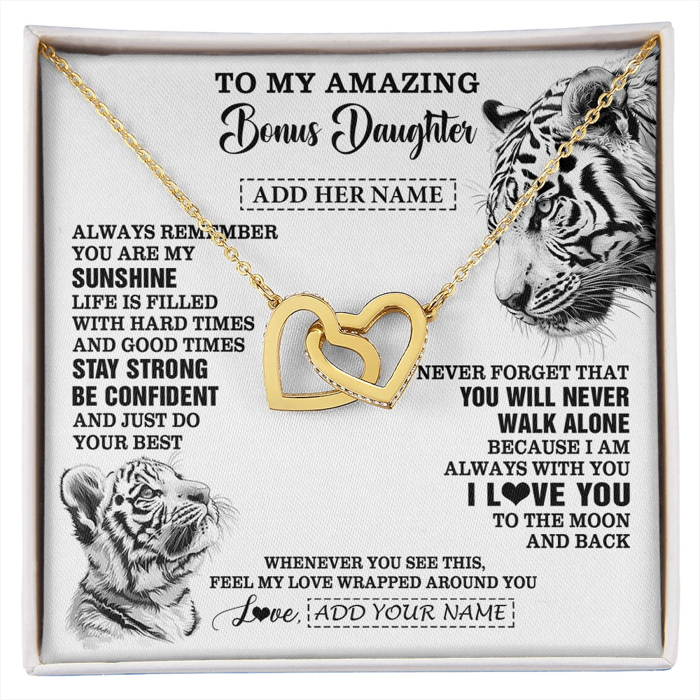 Interlocking Hearts Necklace 18K Yellow Gold Finish | 1 | Personalized To My Amazing Bonus Daughter Necklace From Stepmom Stepdad White Tiger It A Big Hug Stepdaughter Birthday Gifts Christmas Gift Box Message Card | https://siriusteestore.