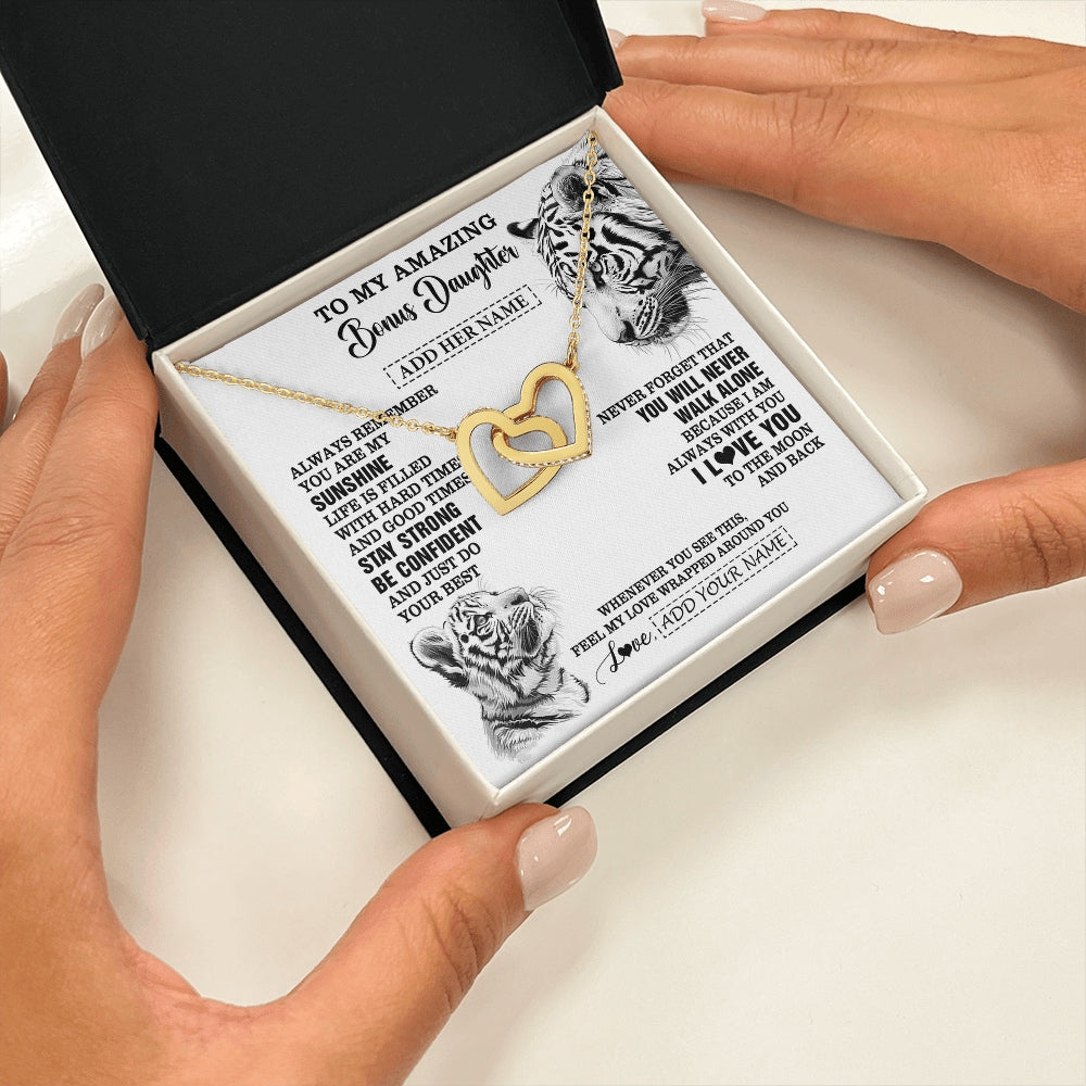 Interlocking Hearts Necklace 18K Yellow Gold Finish | 2 | Personalized To My Amazing Bonus Daughter Necklace From Stepmom Stepdad White Tiger It A Big Hug Stepdaughter Birthday Gifts Christmas Gift Box Message Card | https://siriusteestore.