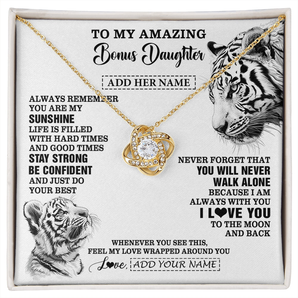 Love Knot Necklace 18K Yellow Gold Finish | 1 | Personalized To My Amazing Bonus Daughter Necklace From Stepmom Stepdad White Tiger It A Big Hug Stepdaughter Birthday Gifts Christmas Gift Box Message Card | https://siriusteestore.